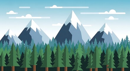 Stylized Mountain Landscape with Evergreen Trees and Cloudy Sky.