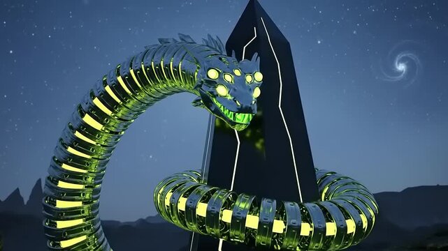 Futuristic Mechanical Dragon Sculpture Illuminates Night Sky.