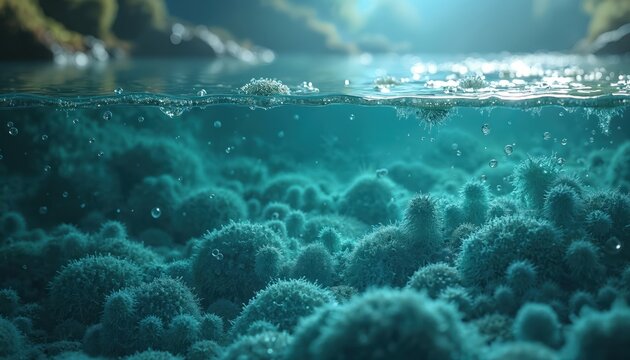 Underwater view of blue green aquatic microorganisms colony floating in clear water surface. Tiny bubbles rise from biofilm surface in sunlit shallow ocean water with algae.