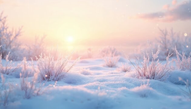 Low angle view of frost covered grass clumps on snowy ground during sunrise. Soft pastel light illuminates cold winter landscape with ice crystals sparkling.