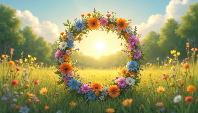 Colorful flower wreath adorns sunny meadow at summer. Green trees frame bright sky with soft clouds. Floral circle symbolizes nature and festivity.