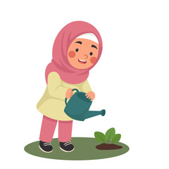 Cute Muslim Girl Watering Flowers in Garden Vector