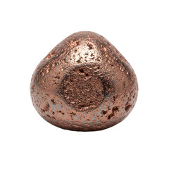 Close-up of a rough, irregular, textured metallic nugget with a coppery-brown hue against a white background