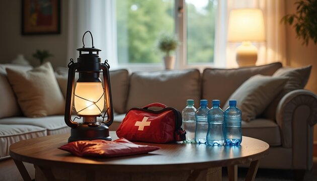 Cozy living room setup displays emergency supplies on coffee table. Includes lit lantern bottled water first aid kit. Ready for power outage or disaster.