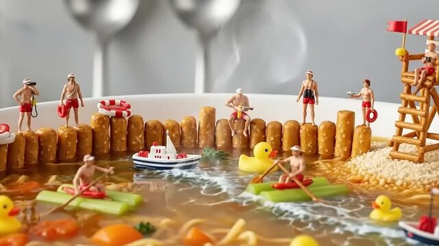 Miniature figures enjoying a ramen noodle swimming pool with tiny boats and rubber ducks.