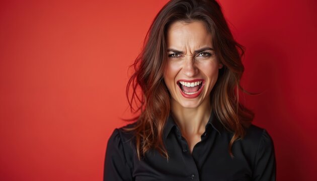 Woman with very angry facial expression grimaces. She has wild eyes and an open mouth, showing teeth. Her brow is furrowed intensely. She wears a black shirt.