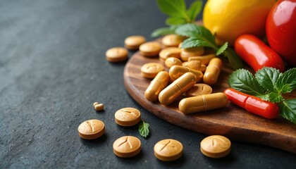 Pile of orange and red pills and capsules sit on wooden board with tomato, lemon and mint leaves. Supplements promote health and wellness goals.