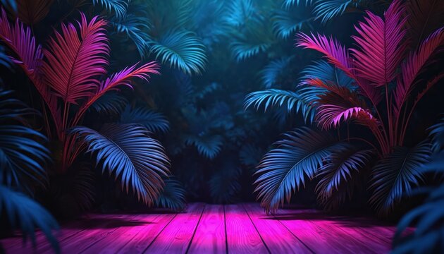 Neon glow illuminates tropical palm leaves, wooden floor at night. Exotic jungle foliage in vibrant pink, blue colors creates surreal, futuristic atmosphere. Dark forest backdrop, illuminated nature