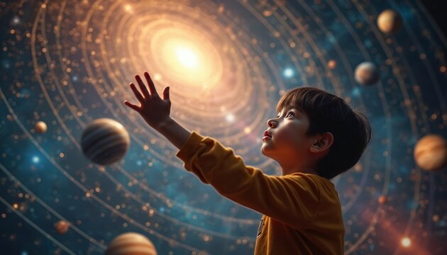 Young boy gazes at swirling galaxy model in museum. He reaches out towards bright star, captivated by space and learning. Curious child explores cosmic wonders and future possibilities in planetarium.