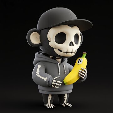 Cartoon skeleton monkey in hoodie and cap holding a banana phone