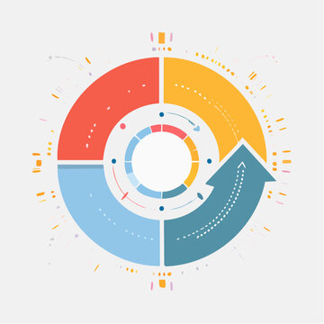 Dynamic circular process flow chart illustration for business strategy development and continuous improvement, depicting data management, workflow stages, and project lifecycle analysis
