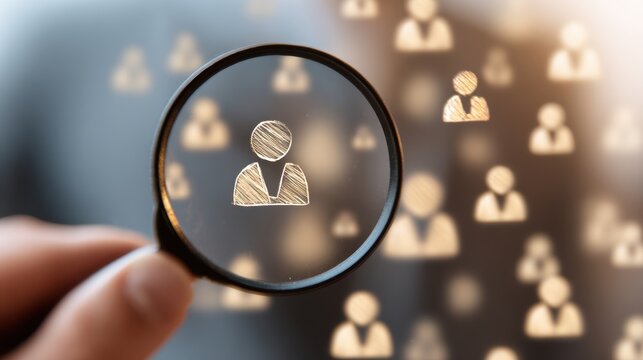 HRM or Human Resource Management, Magnifier glass focus to manager icon which is among staff icons for human development recruitment leadership and customer target. resume, interview. generate by AI