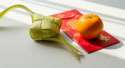 Vibrant Asian Festive Symbols Ketupat, Oranges, and Red Packets