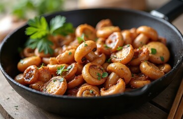 Fototapeta premium Small button mushrooms are pan fried with herbs in a cast iron skillet. This savory side dish is perfect for dinner. Healthy food preparation.
