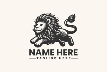 Fototapeta premium Black and white illustration of a lion logo with a fiery tail and text placeholder on a beige background.