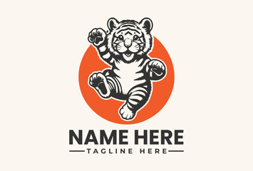 A playful tiger logo illustration with a dynamic pose in front of an orange circle on a beige background, featuring placeholder text for a custom name and tagline.