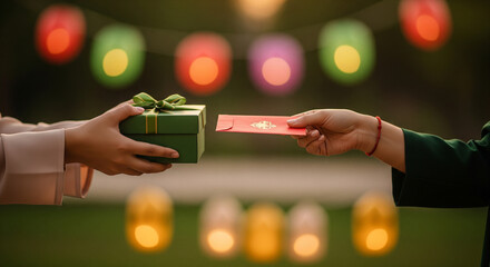 Joyful hands exchanging special gifts and traditional red envelopes