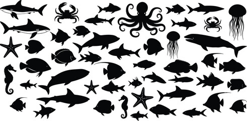 Diverse ocean creatures in black silhouette on white background © Crazy Dreamy Boy