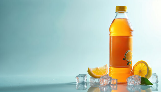 Orange sports drink bottle with lemon on ice. Refreshing beverage quenches thirst, restores energy after workouts. Perfect for athletes and active people.