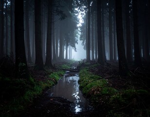 Obraz premium A dark, foggy forest scene with tall trees, a small stream, and a path leading into the mist