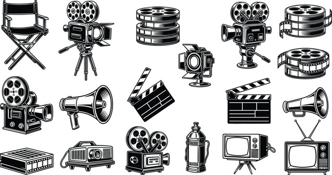 Film production equipment and movie making tools illustration set