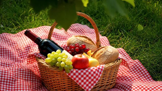 Picnic Basket With Fruits On Red Checkered Blanket Outdoors.