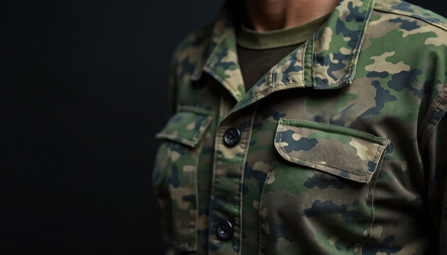 Close-up of a person wearing a green and brown camouflage military jacket with dark buttons and pockets. The textured fabric blends into a dark background, suggesting tactical gear.