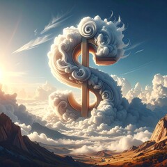 A giant cloud shaped like a dollar sign above mountains, set in a vibrant, sunny sky with white fluffy clouds
