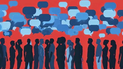 Silhouettes of Diverse People in Crowd with Speech Bubbles.