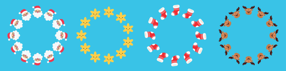 A set of simple round frames with Christmas elements. Vector illustration in flat style