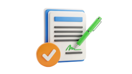 3D Document Signature and Checkmark Icon on transparent background