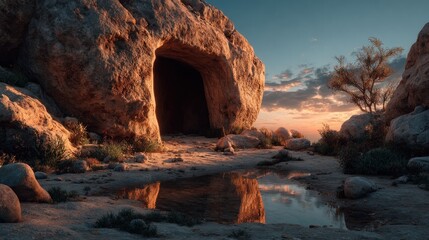 Stunning scenic landscape of a cave entrance at sunset with water reflection