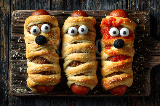 Scary sausage mummies in dough with funny eyes on table. Halloween food. Top view. Flat lay. Banner