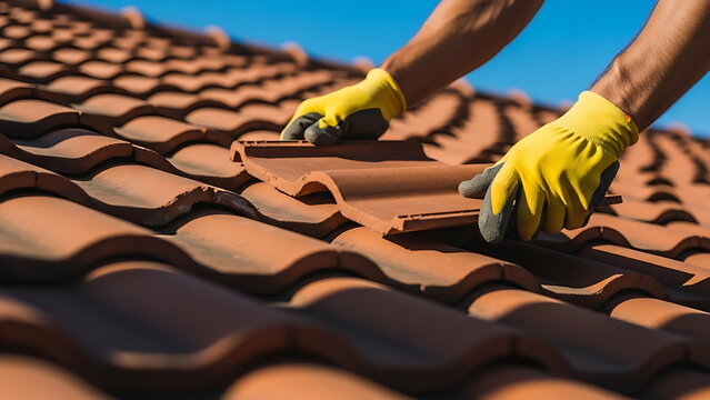 Roofer Installing Clay Roof Tiles Under A Clear Blue Sky