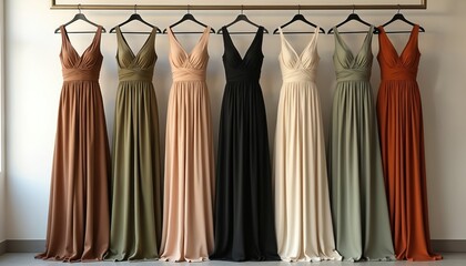 Plakat Row of long dresses in neutral earth tones, black hangs on hangers. Floor length gowns in terracotta, olive green, beige, cream shades offer elegant style choices. Beautiful fabrics draped for formal