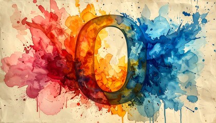 A large letter 'O' is painted with watercolor in red, orange, and blue with splatters on a wrinkled, beige backdrop