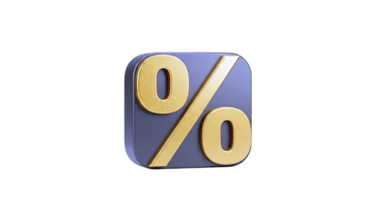 3D Golden percentage symbol on a purple square on transparent background