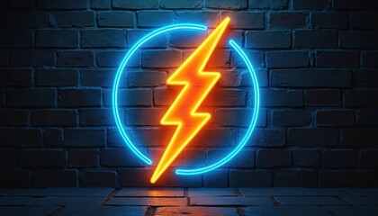 Orange lightning bolt neon symbol glows inside blue circle neon light against dark brick wall. This electric sign displays power and speed. Suitable for tech, energy, or branding.
