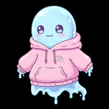 Cute blue slime ghost wearing a pink hoodie with rainbow