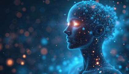 Obraz premium Digital human head profile illuminated by glowing eyes against dark cosmic background. AI consciousness concept represented by particles and light.
