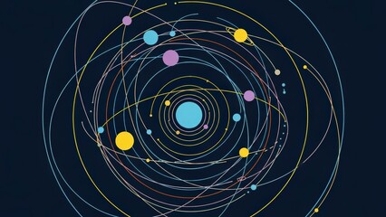 Abstract illustration of a complex solar system with multiple planets and orbits.