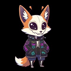 Obraz premium Cute skeletal fox character in a black jacket with neon graphics