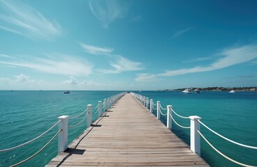 Long wooden pier extends over bright blue ocean. Boats sail on turquoise water under clear sky with sparse clouds. Seaside landmass visible on distant horizon.