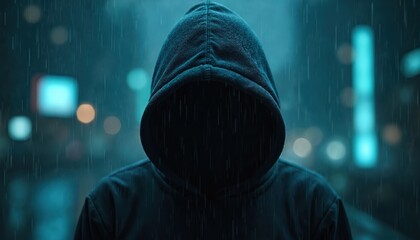 Person in dark hoodie with hidden face stands outside in rain at night. Blurred city lights create moody atmosphere. Anonymous figure suggests danger or mystery.