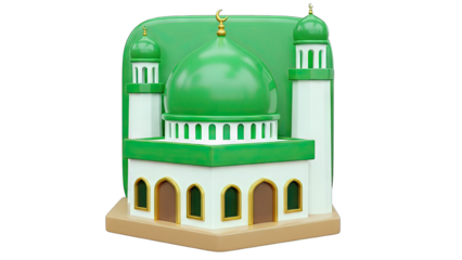 3D Mosque Illustration with Green Dome and Minarets