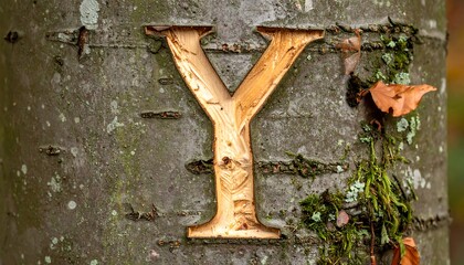 A large letter 'Y' carved into tree bark, revealing the wood beneath