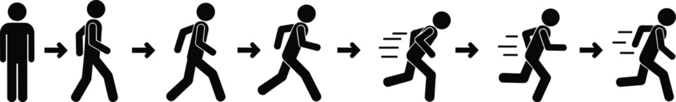 Stick figure running progression from walk to sprint