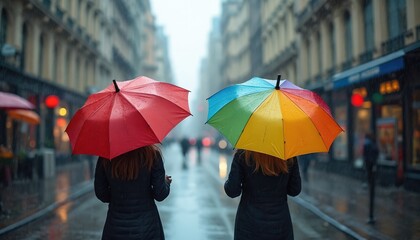 Two women walk on a wet city street holding colorful umbrellas. Rain falls on the urban background with blurred lights and buildings. They stroll under red and rainbow canopies.