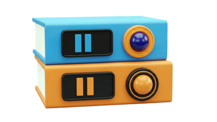 3D Stack of two cartoon books with pause buttons on transparent background