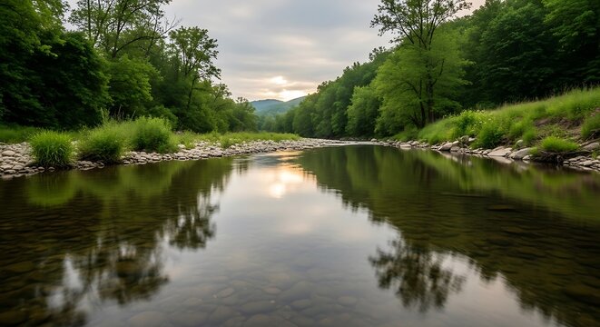 Serene river landscape with forest reflections under a cloudy sky.